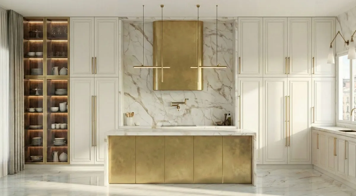 Diseño en 3D de una cocina clásica blanca con isla dorada, campana dorada y pared de mármol