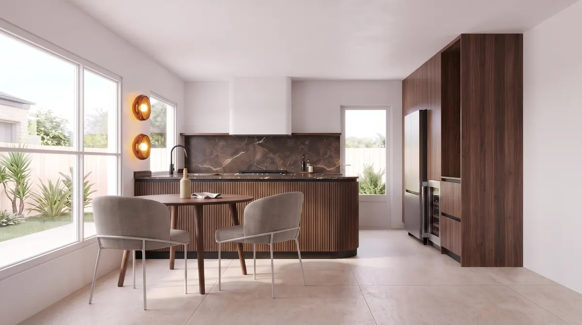 Diseño en 3D de una cocina en nogal con frente de mármol oscuro y mesa junto al ventanal
