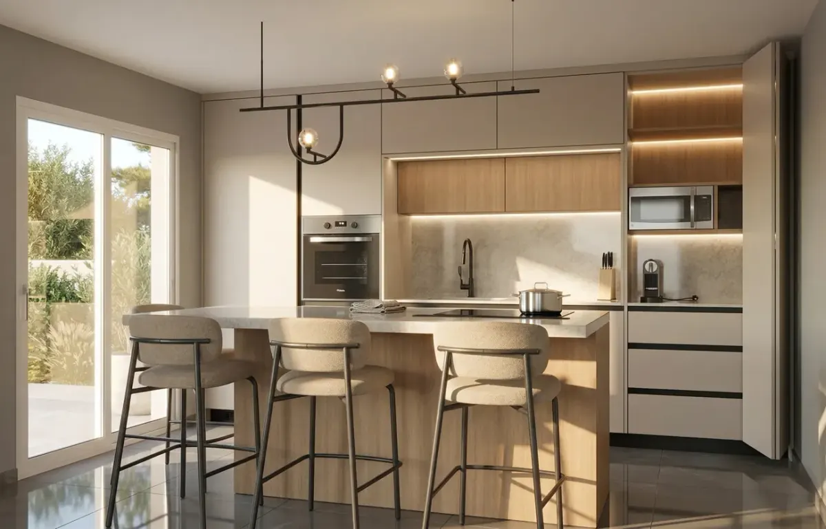 Diseño en 3D de una cocina en roble y blanco con isla, taburetes y estantería iluminada