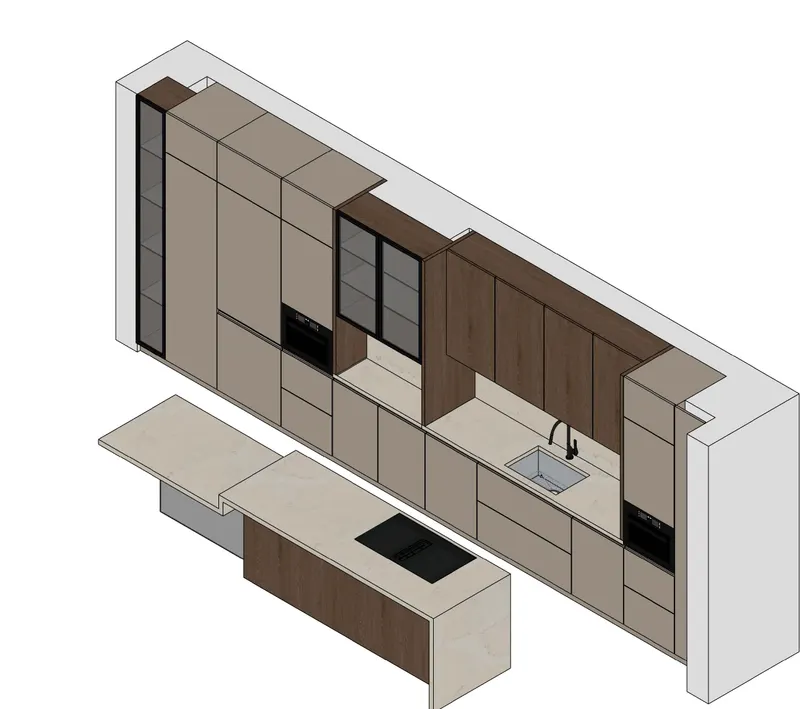 Vista en 3D del diseño de una cocina en roble y beige con isla y barra