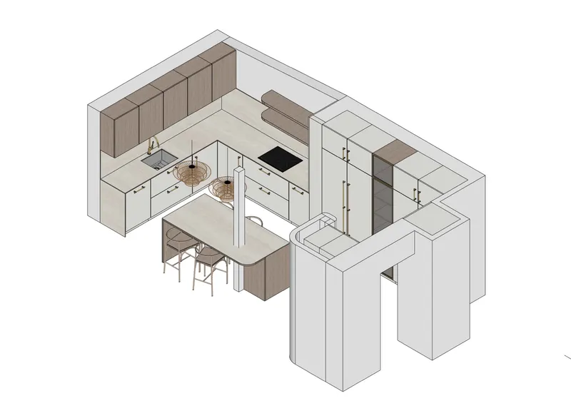 Vista en 3D del diseño de una cocina en L con península y mesa